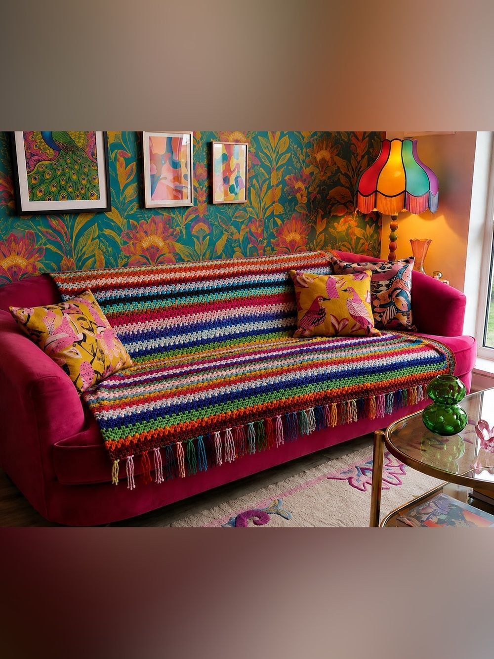 Vintage Handmade Afghan Multicolor Crochet Blanket with Fringe 62in x 37in